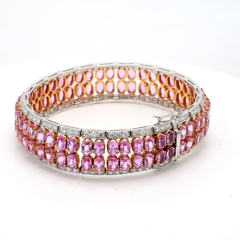 27.87 Carat Pink Sapphire 6.00 Carat Diamond 18 Karat White Gold Gemstone Bracelet