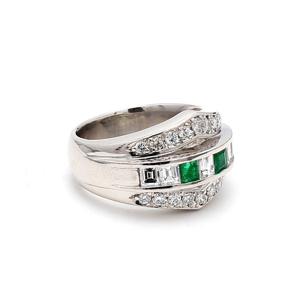 1.50 Carat Round and Emerald Cut Diamond 0.36 Carat Emerald 18K WG Band Ring