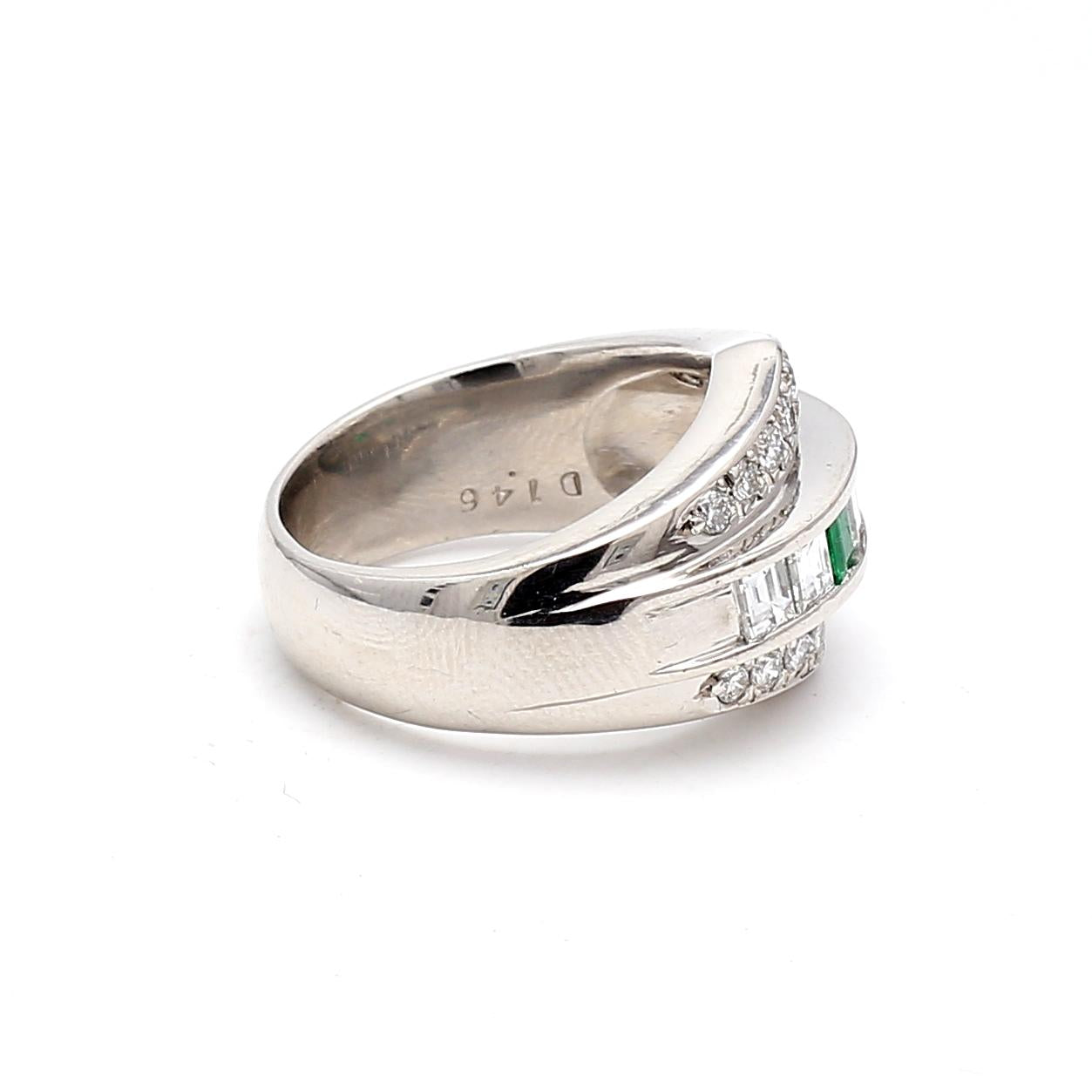 1.50 Carat Round and Emerald Cut Diamond 0.36 Carat Emerald 18K WG Band Ring