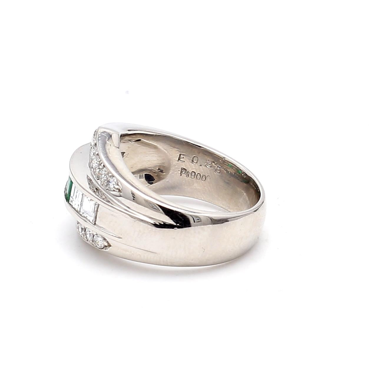1.50 Carat Round and Emerald Cut Diamond 0.36 Carat Emerald 18K WG Band Ring