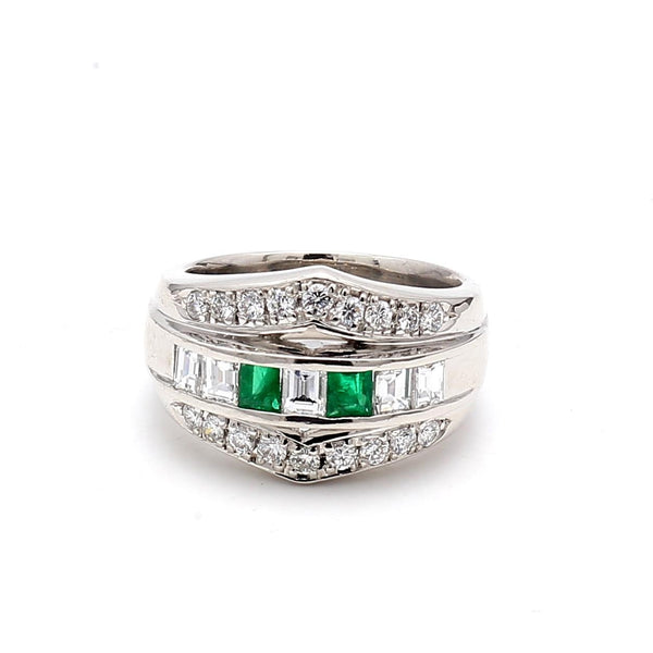 1.50 Carat Round and Emerald Cut Diamond 0.36 Carat Emerald 18K WG Band Ring