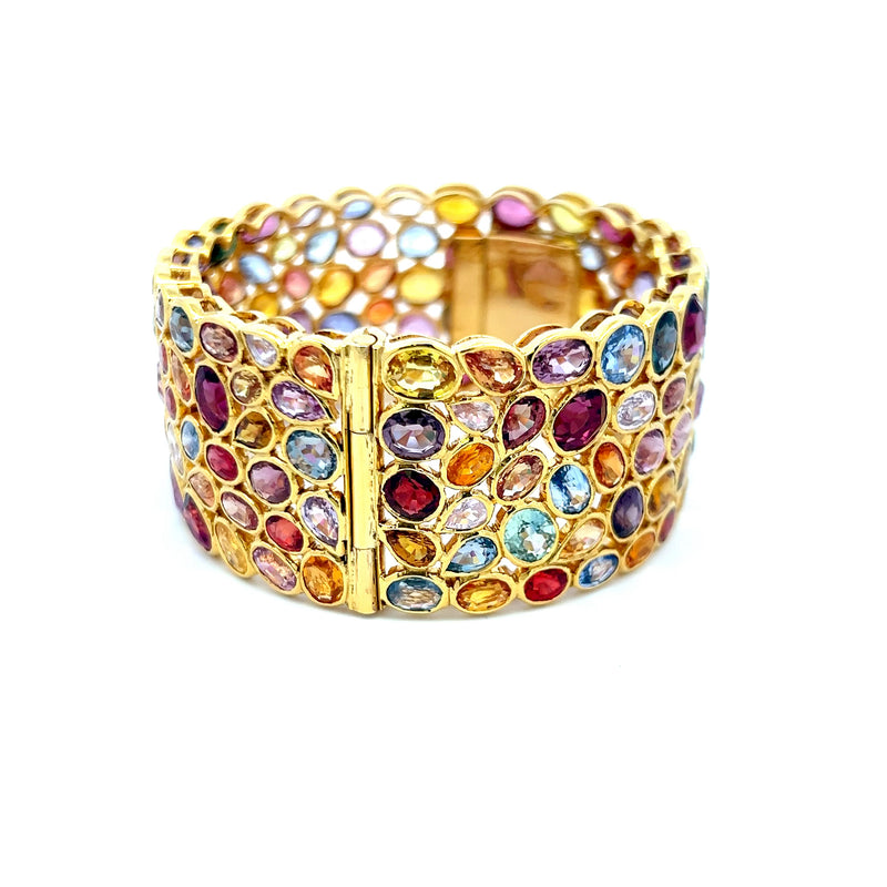 120.00 Carat Mixed Color Sapphire 14 Karat Yellow Gold Bangle Bracelet