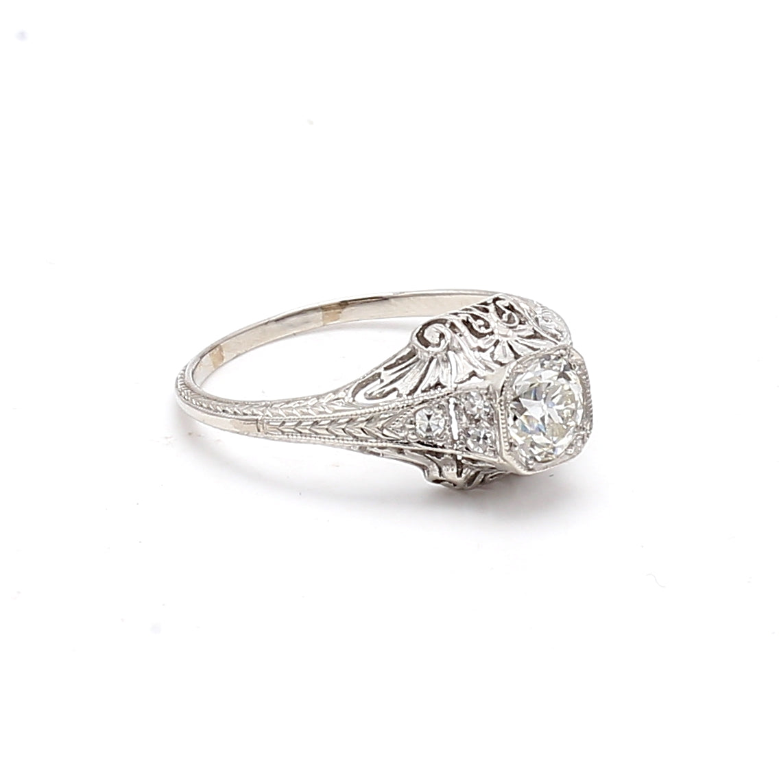0.84 Carat Circular Brilliant Cut H VS1 Diamond 14 Karat White Gold Art Deco Ring