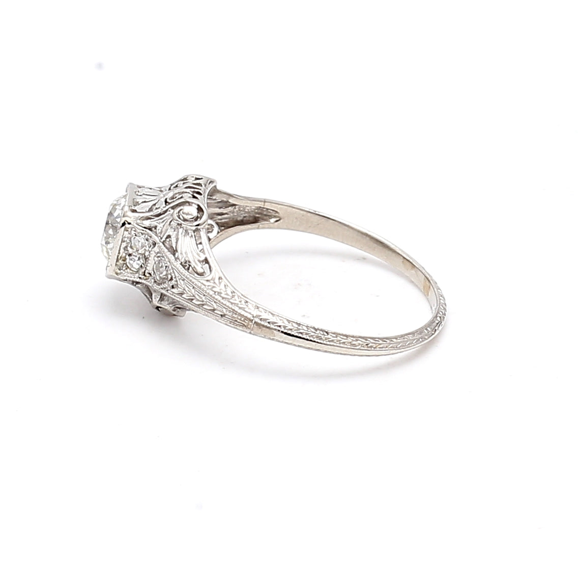 0.84 Carat Circular Brilliant Cut H VS1 Diamond 14 Karat White Gold Art Deco Ring