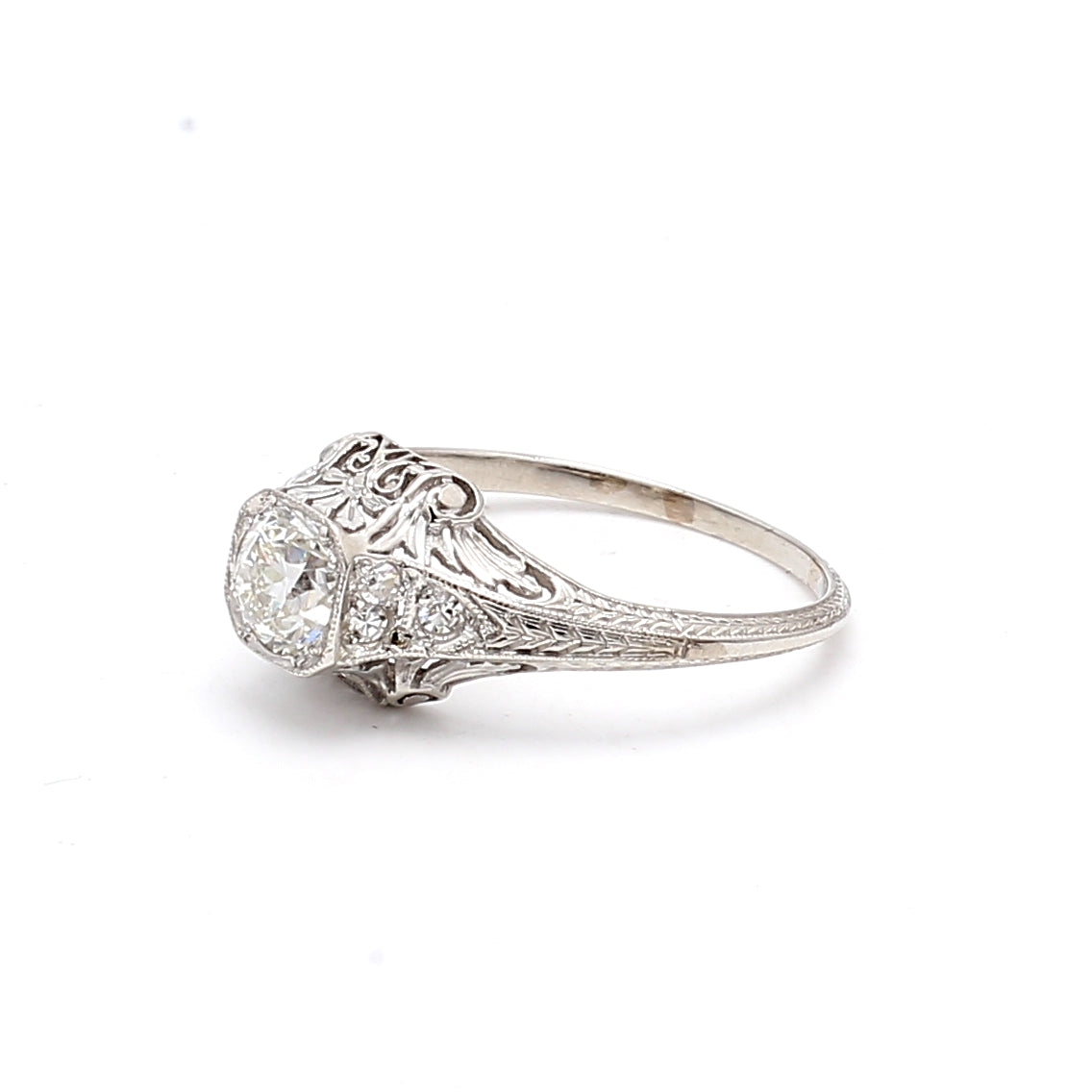 0.84 Carat Circular Brilliant Cut H VS1 Diamond 14 Karat White Gold Art Deco Ring