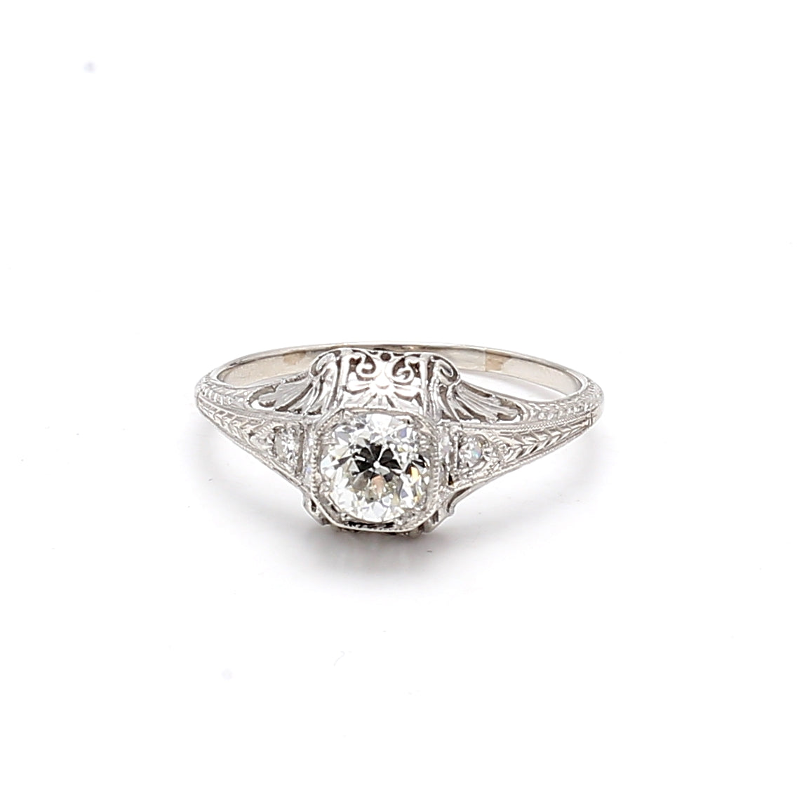 0.84 Carat Circular Brilliant Cut H VS1 Diamond 14 Karat White Gold Art Deco Ring
