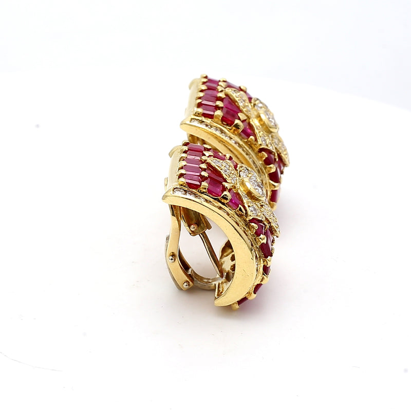 7.50 Carat Ruby 3.66 Carat Round Brilliant Diamond 18K Yellow Gold Clip On Earrings