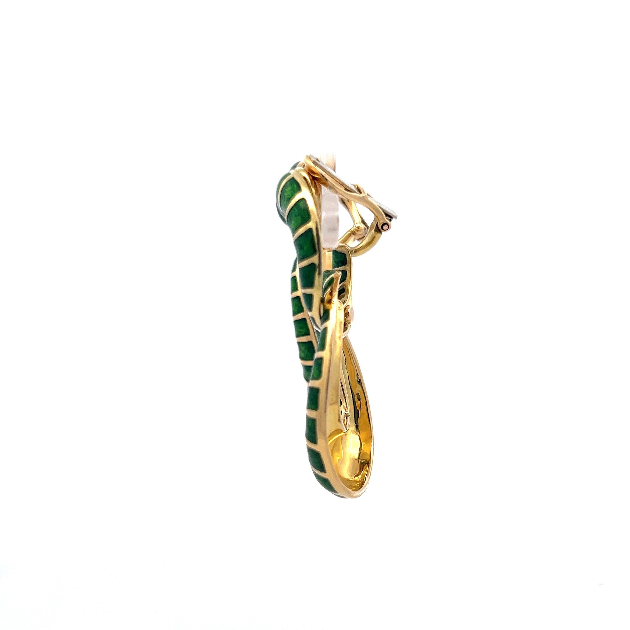 David Webb Green Enamel 18 Karat Yellow Gold Dangling Earrings