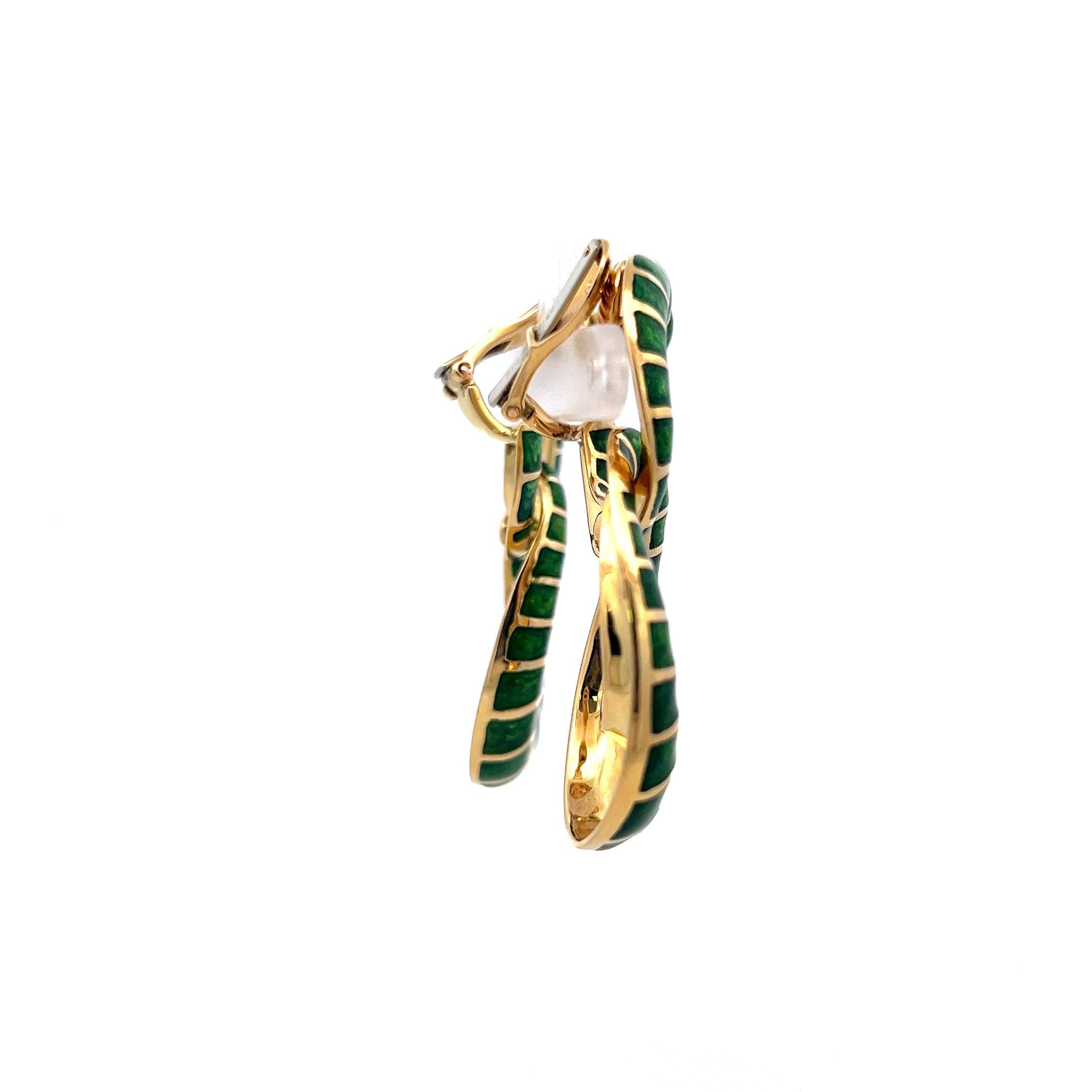 David Webb Green Enamel 18 Karat Yellow Gold Dangling Earrings