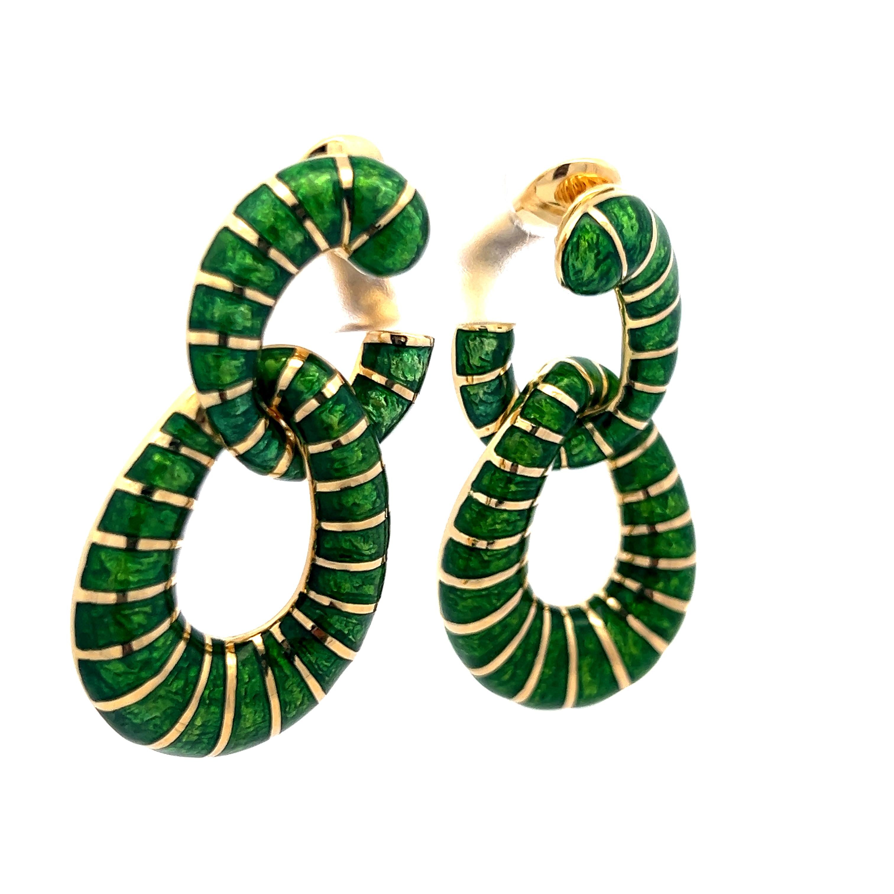 David Webb Green Enamel 18 Karat Yellow Gold Dangling Earrings