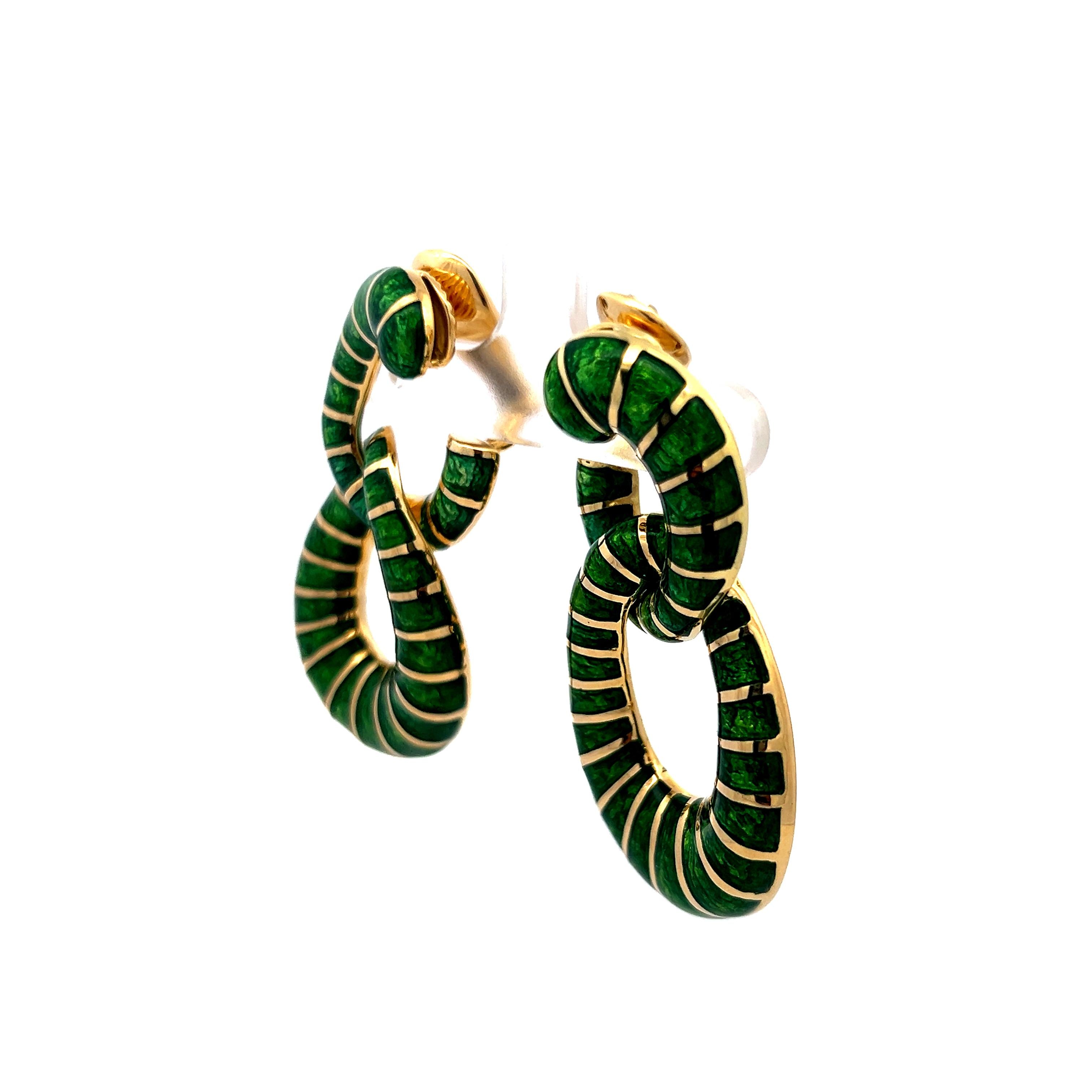 David Webb Green Enamel 18 Karat Yellow Gold Dangling Earrings