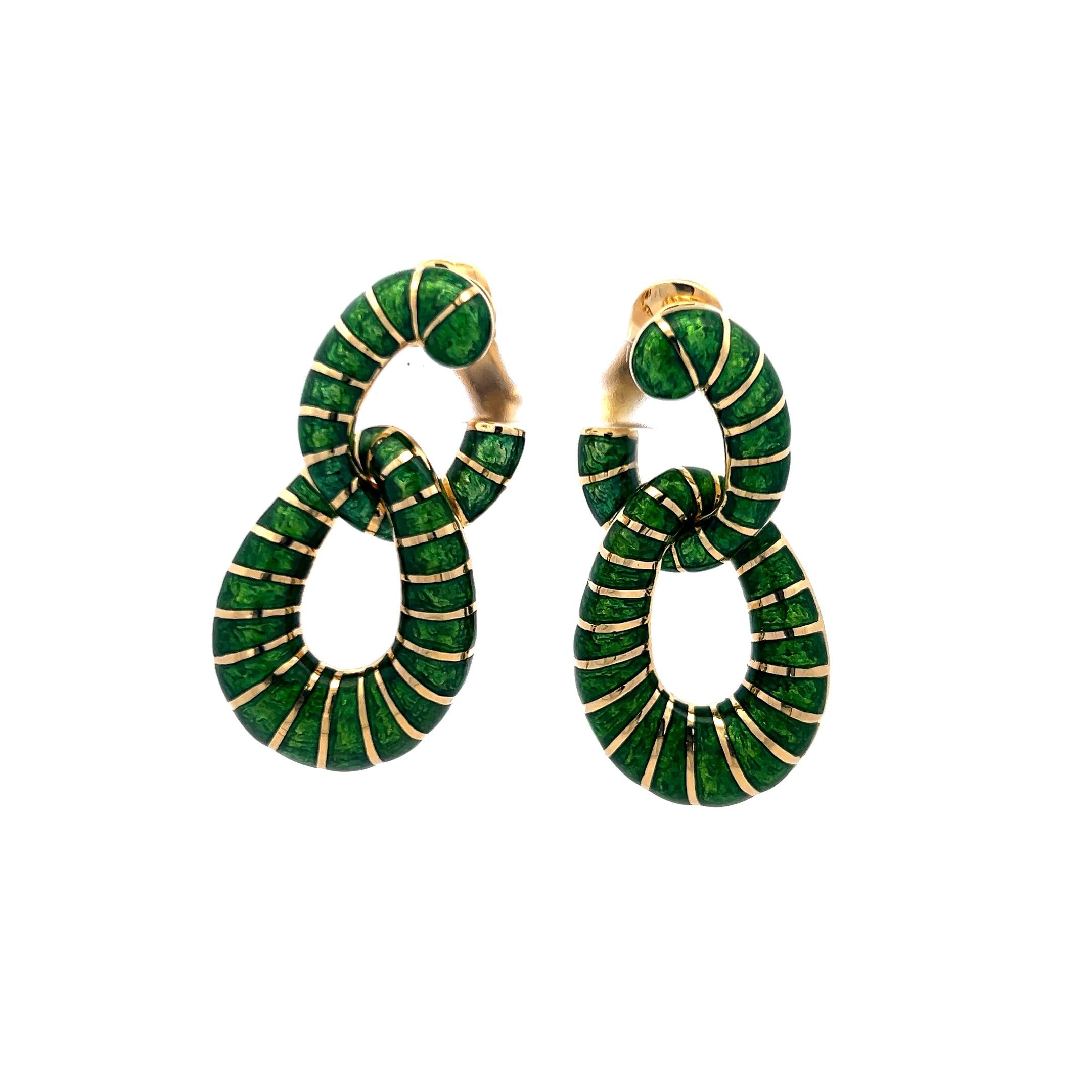 David Webb Green Enamel 18 Karat Yellow Gold Dangling Earrings