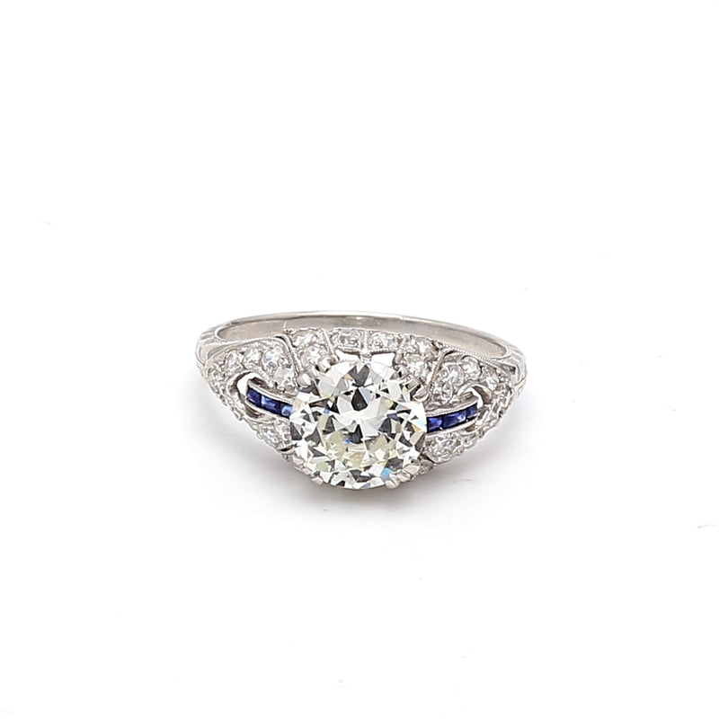2.26 Carat Old European Cut Diamond 0.06 Carat Sapphire Platinum Engagement Ring