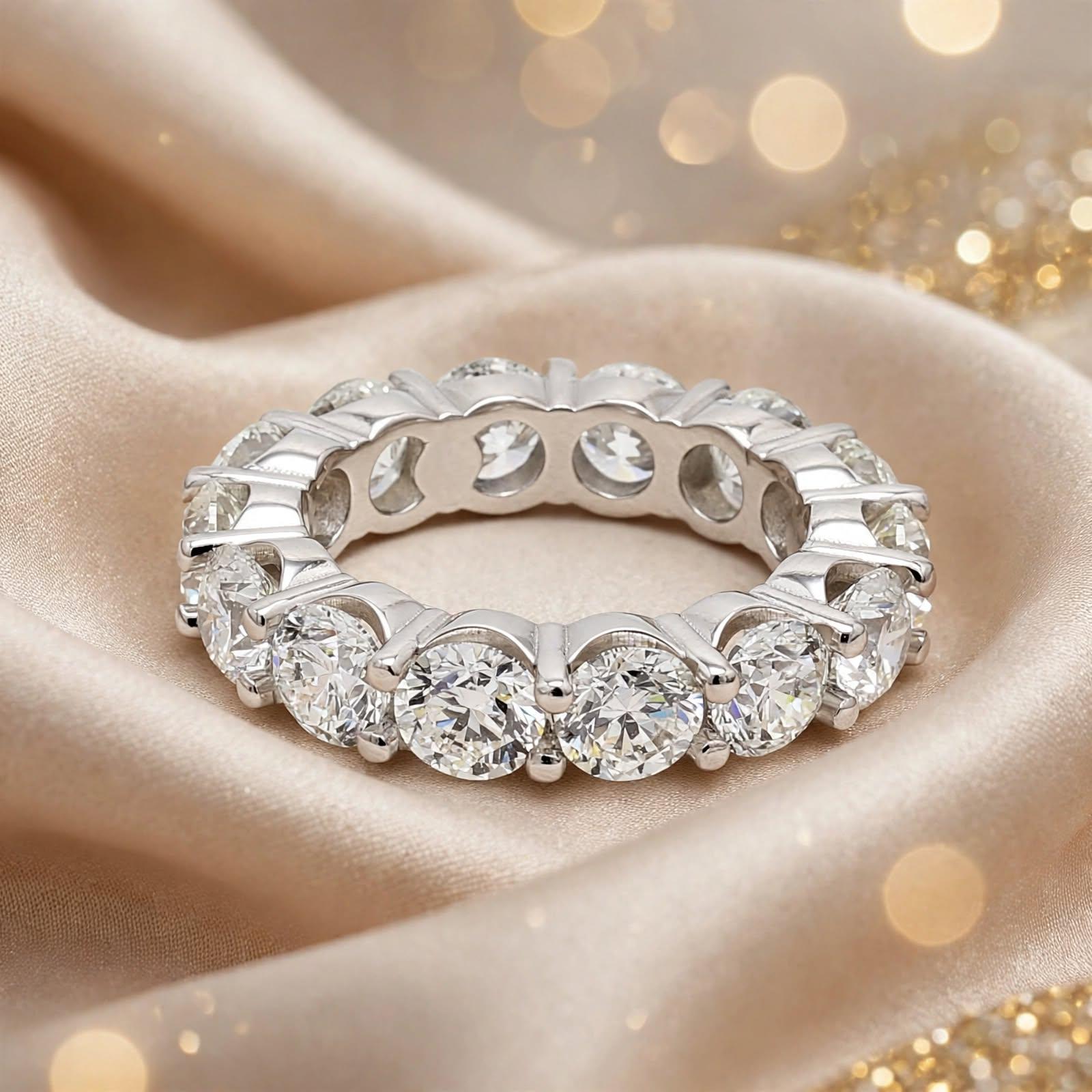 Platinum Eternity Band Ring with 7.11 Carat Round F VS1 Diamonds Size 6