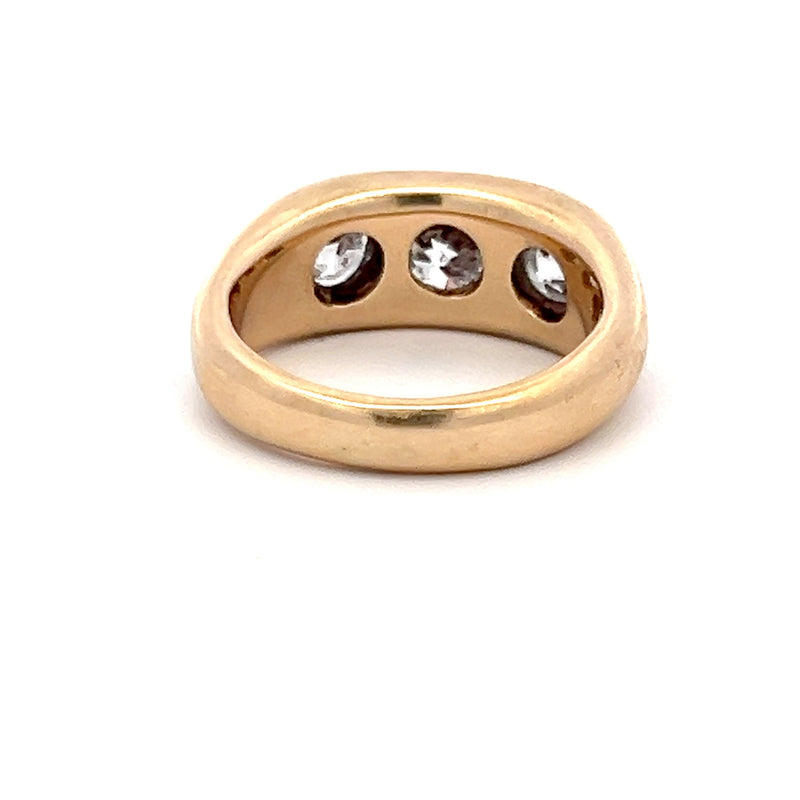 2.90 Carat Old European Cut H I1-SI1 Diamond 14 Karat Yellow Gold Three-Stone Ring
