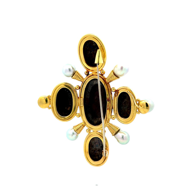 Elizabeth Gauge Intaglio Pearl 18 Karat Yellow Gold Pin Brooch