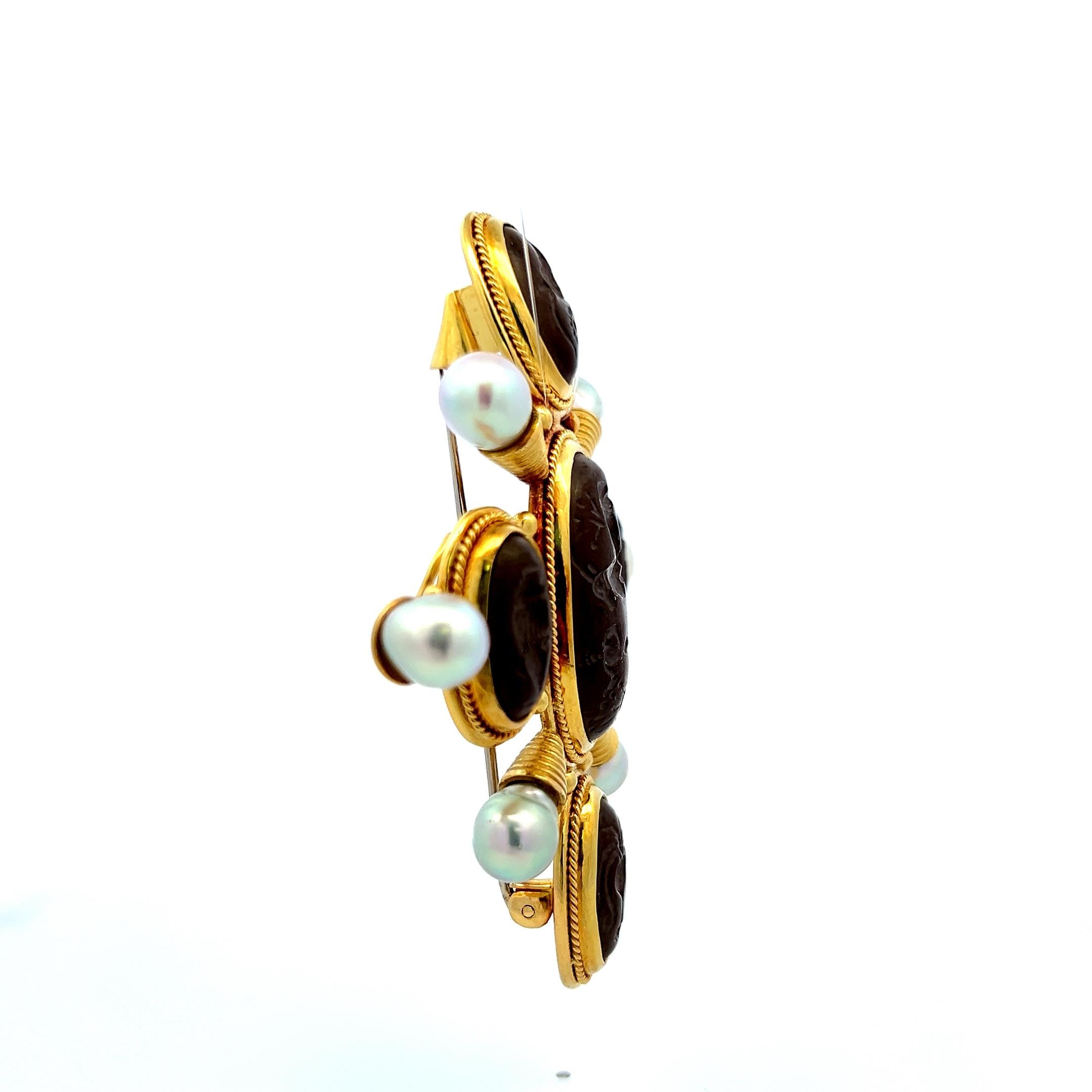 Elizabeth Gauge Intaglio Pearl 18 Karat Yellow Gold Pin Brooch