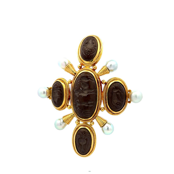 Elizabeth Gauge Intaglio Pearl 18 Karat Yellow Gold Pin Brooch