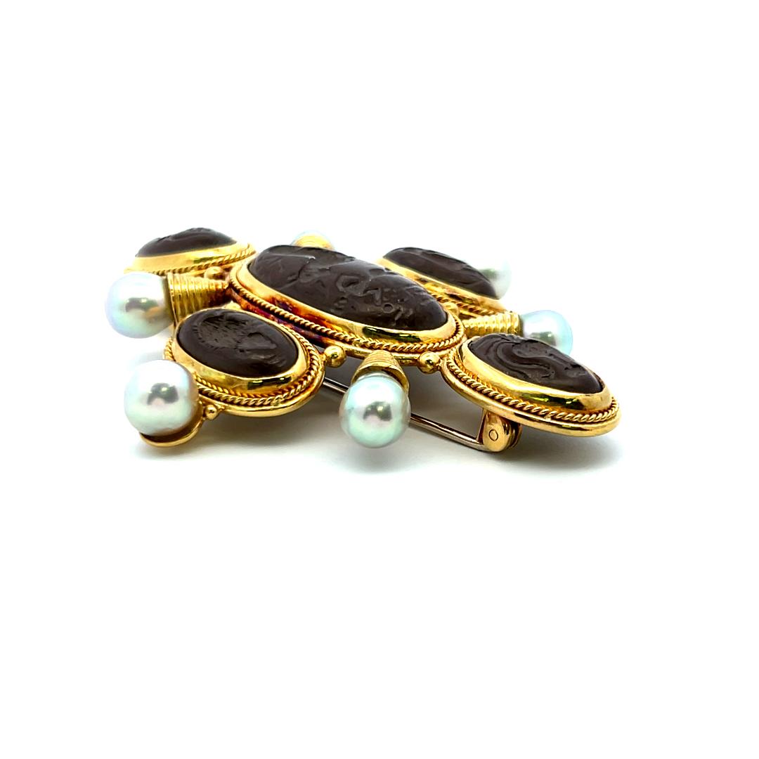 Elizabeth Gauge Intaglio Pearl 18 Karat Yellow Gold Pin Brooch