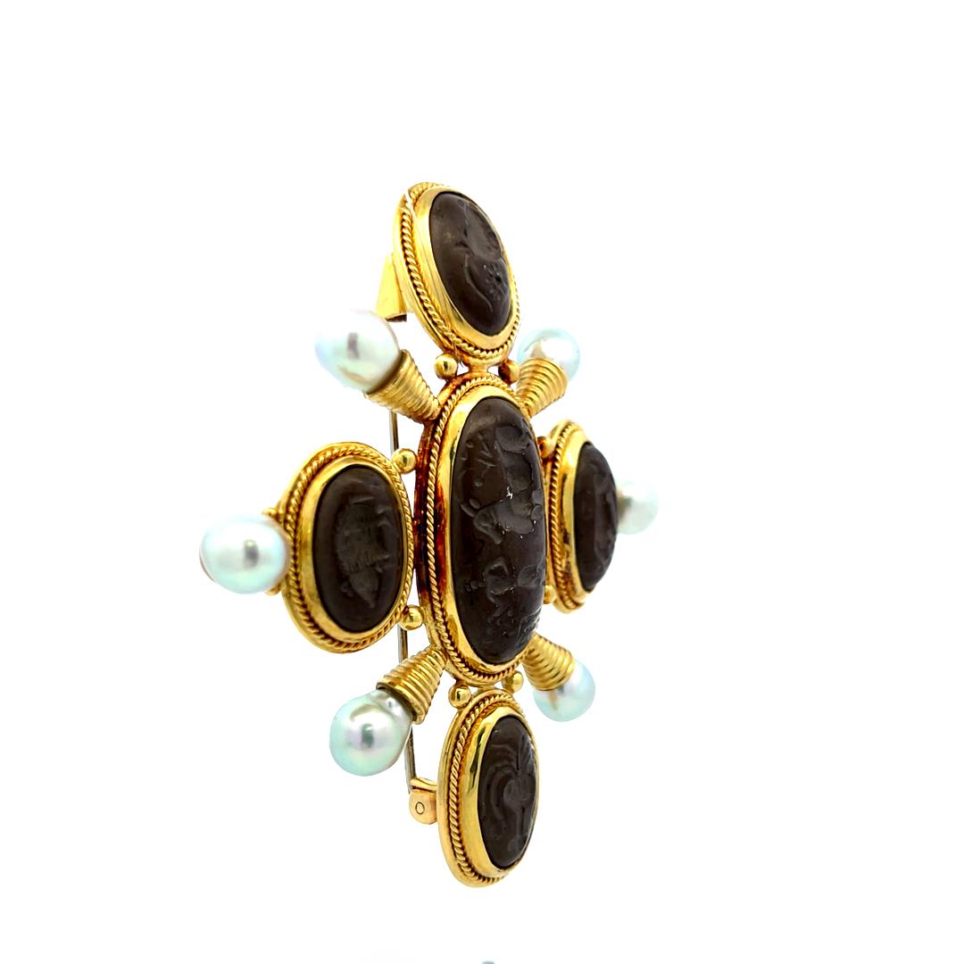 Elizabeth Gauge Intaglio Pearl 18 Karat Yellow Gold Pin Brooch