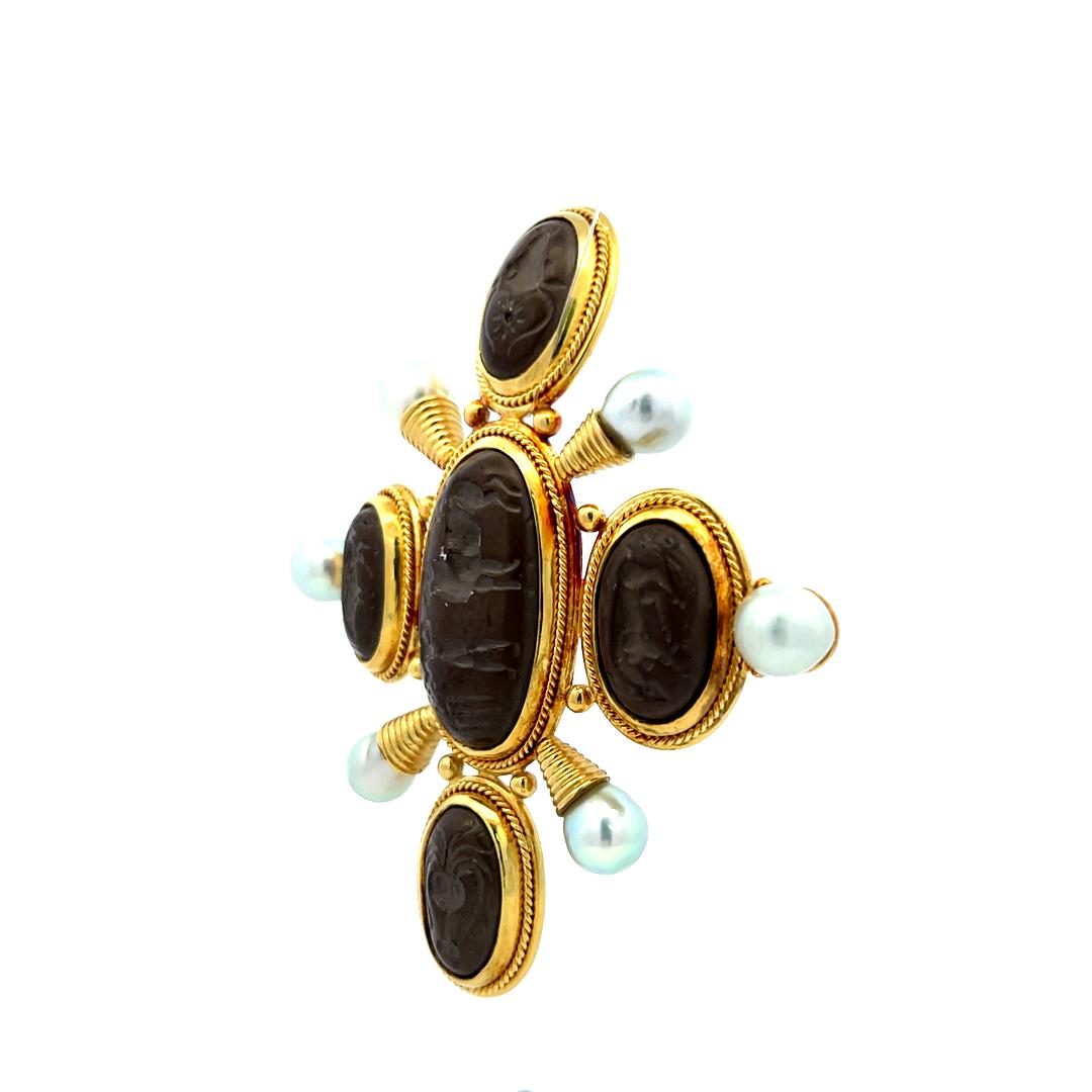 Elizabeth Gauge Intaglio Pearl 18 Karat Yellow Gold Pin Brooch
