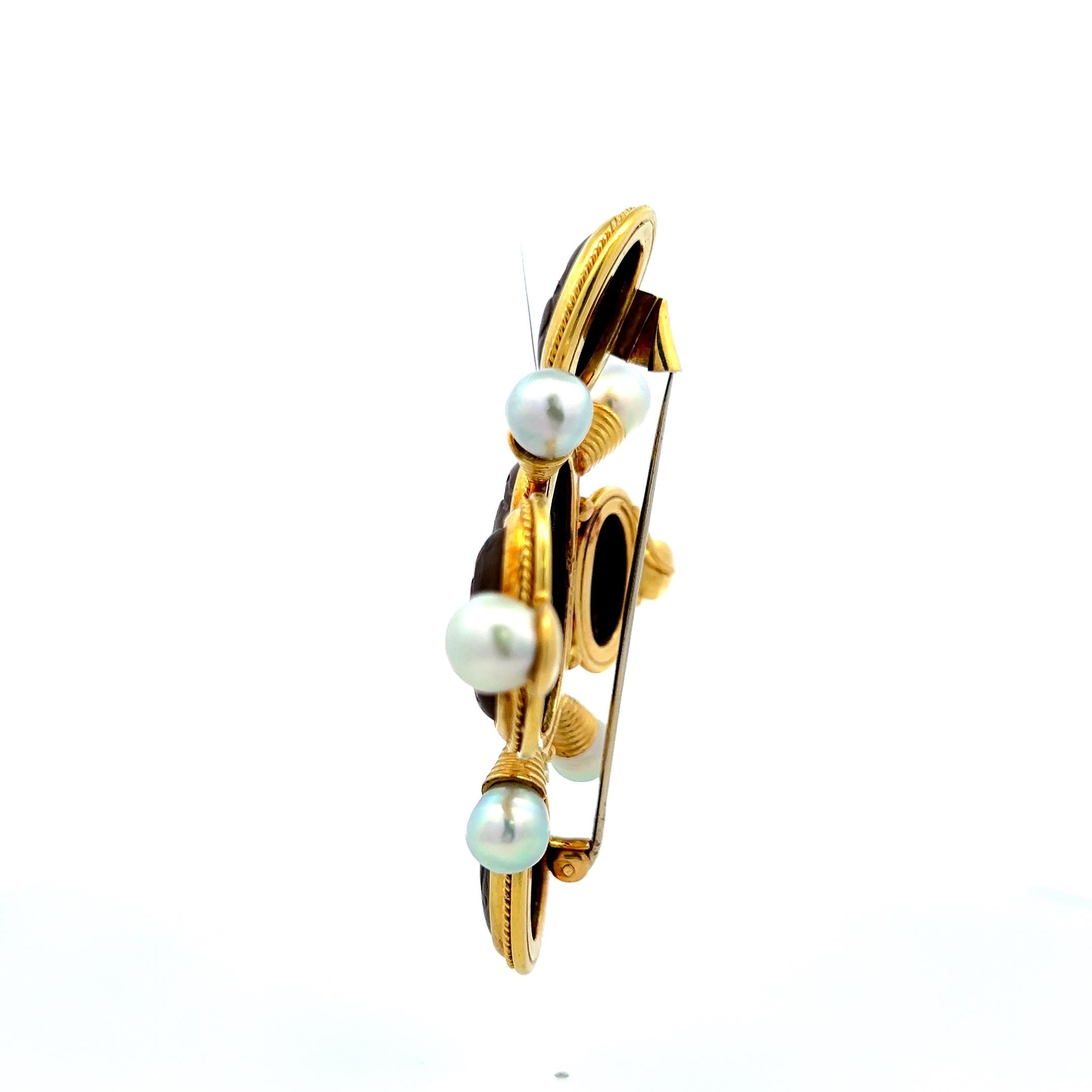 Elizabeth Gauge Intaglio Pearl 18 Karat Yellow Gold Pin Brooch