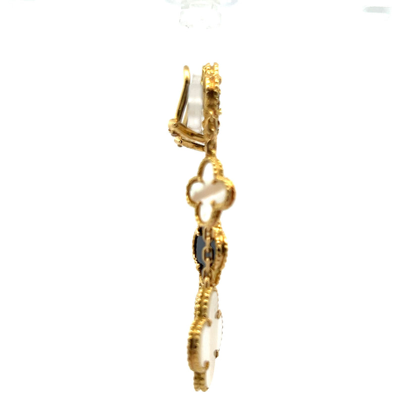 Onyx and MOP 18 Karat Yellow Gold Dangling Clover Earrings
