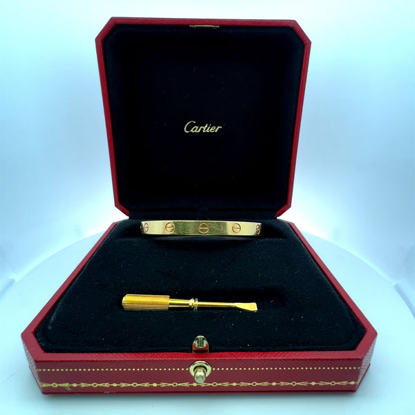 Cartier 18 Karat Yellow Gold Love Bracelet Size 17 With Box and Paper