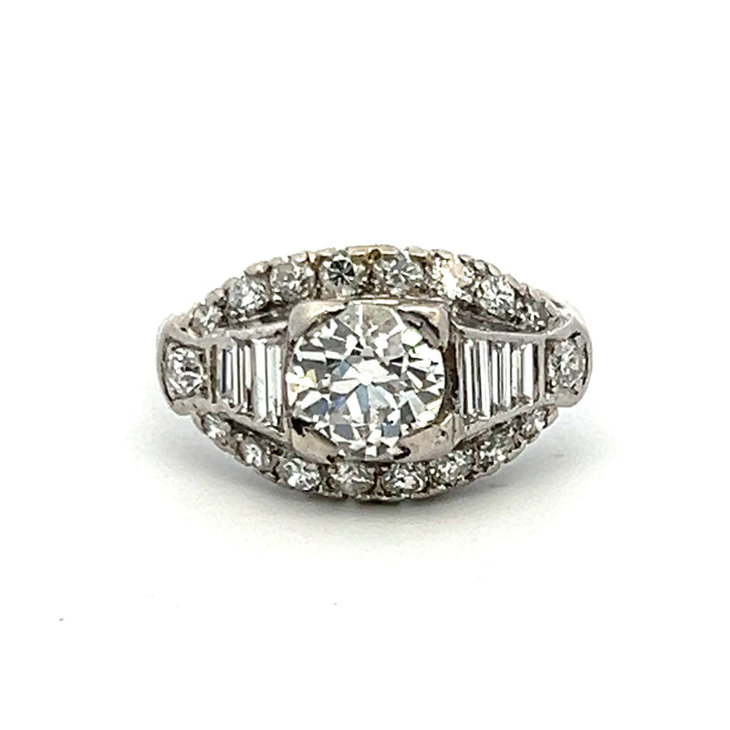 1.90 Carat Old European and Round and Baguette Diamond 14K WG/Plat Art Deco Ring