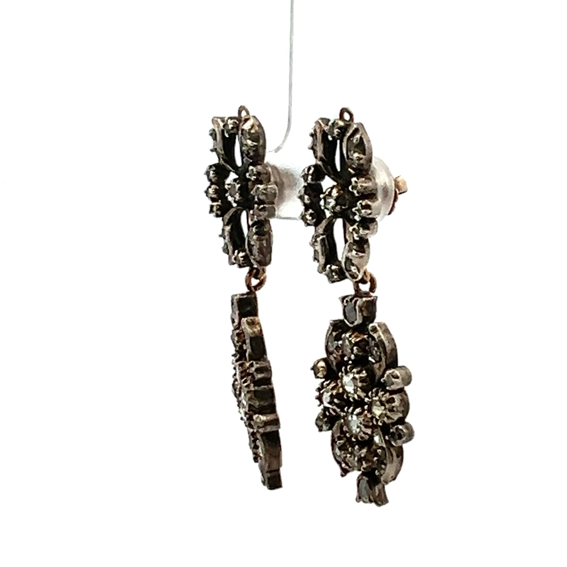 1.00 Carat Rose Cut Diamond 14 Karat Two Tone Gold/Silver Dangling Earrings