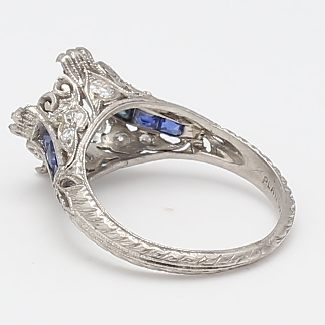 0.18 Carat Sapphire 0.10 Carat Old European Cut Diamond Platinum Semi Mount Ring