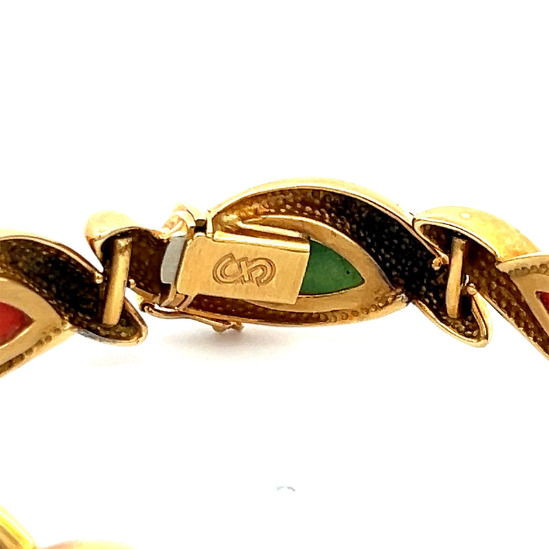 Vintage 67.40 Grams Jade and Coral 18 Karat Yellow Gold Link Bracelet