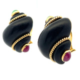 Verdura Shell 1.50 Carat Emerald 1.50 Carat Ruby 18K YG Clip On Earrings