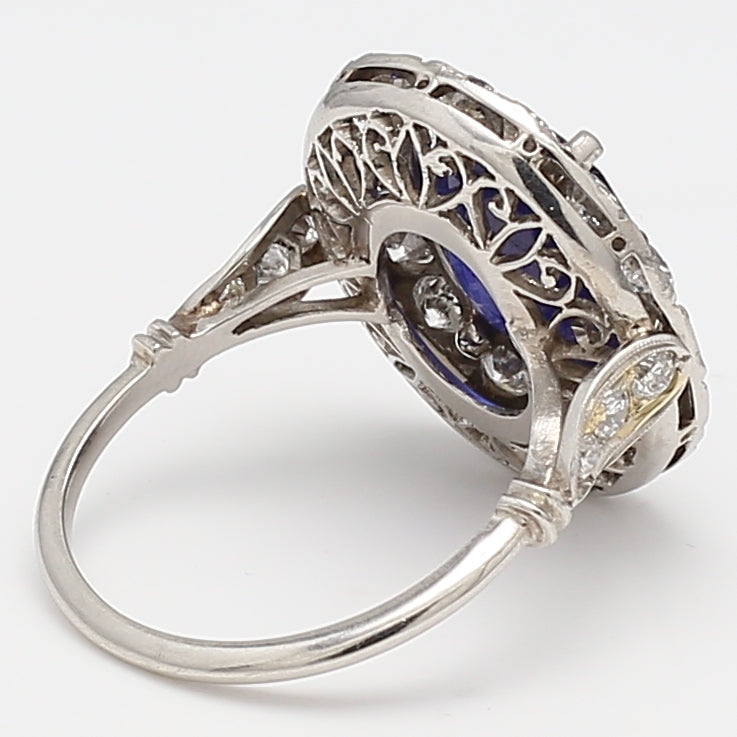 6.00 Carat Sapphire 2.10 Carat Old European Cut Diamond Platinum Art Deco Ring