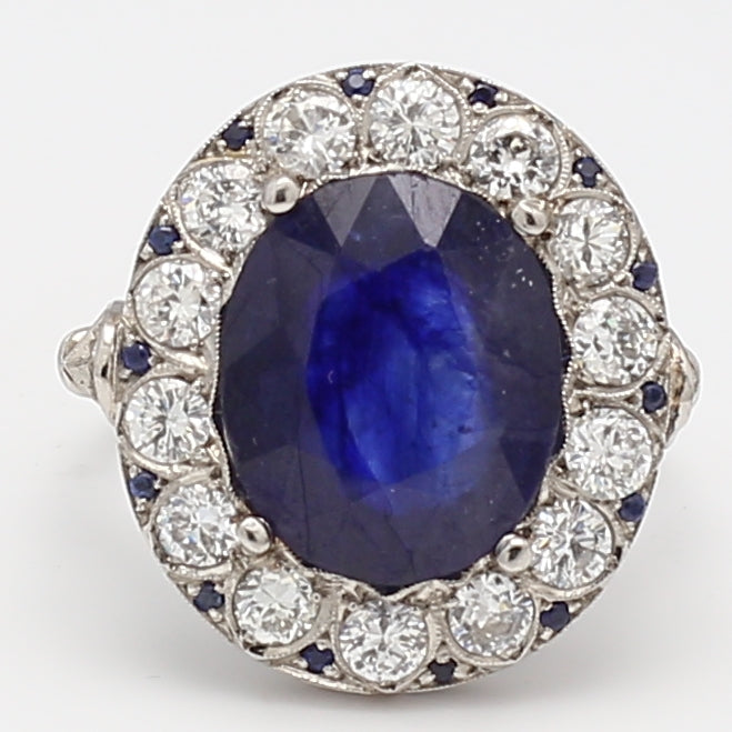 6.00 Carat Sapphire 2.10 Carat Old European Cut Diamond Platinum Art Deco Ring