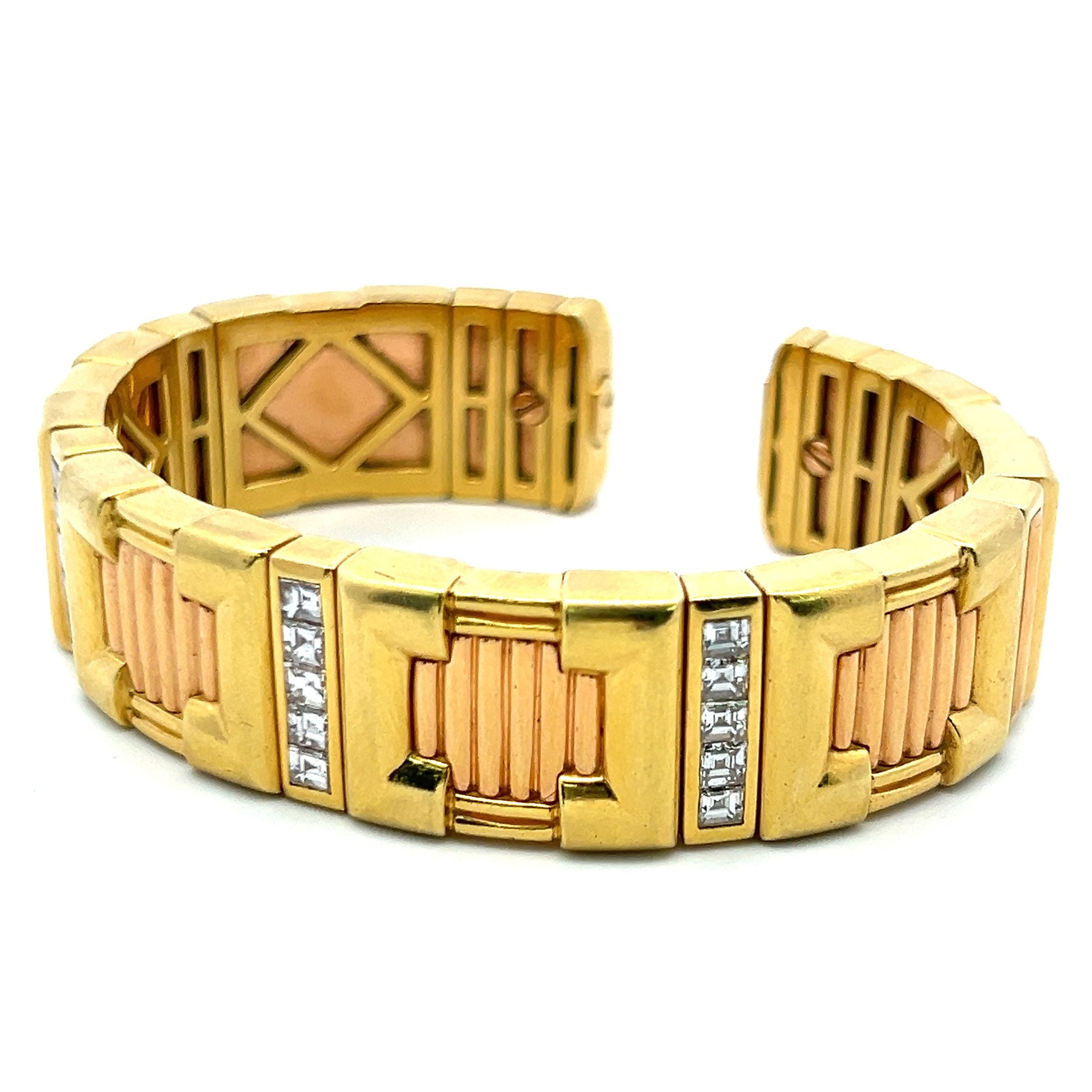 2.00 Carat Emerald Cut Diamond 18 Karat Two Tone Gold Cuff Bracelet
