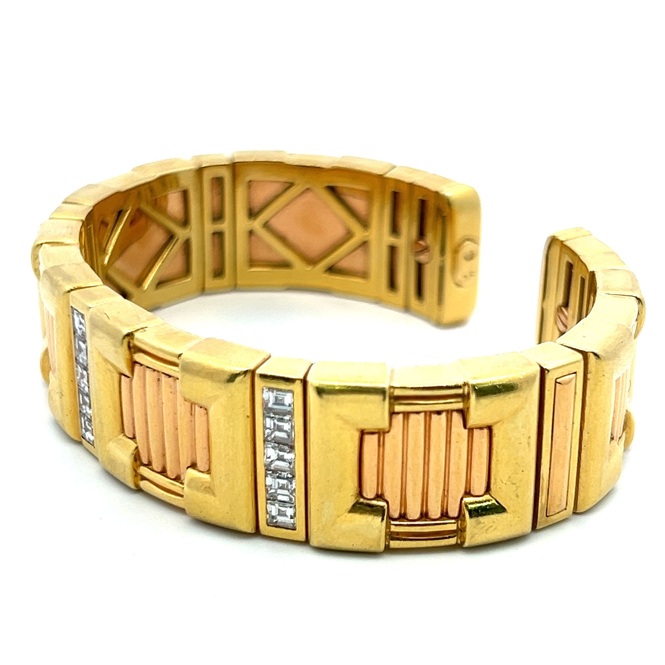 2.00 Carat Emerald Cut Diamond 18 Karat Two Tone Gold Cuff Bracelet