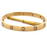 Cartier 0.96 Carat Round Diamond 16 Karat Yellow Gold Love Bracelet Size 17