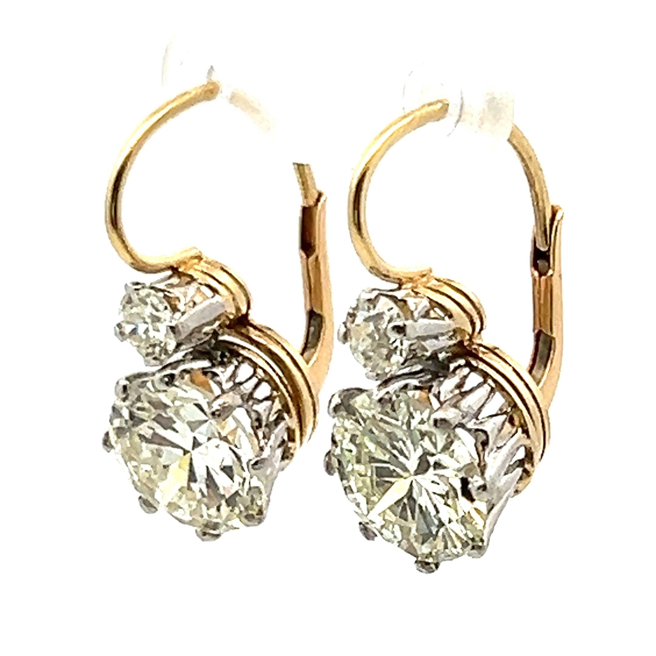 7.83 Carat Diamond Two-Tone Gold & Platinum Leverback Vintage Earrings