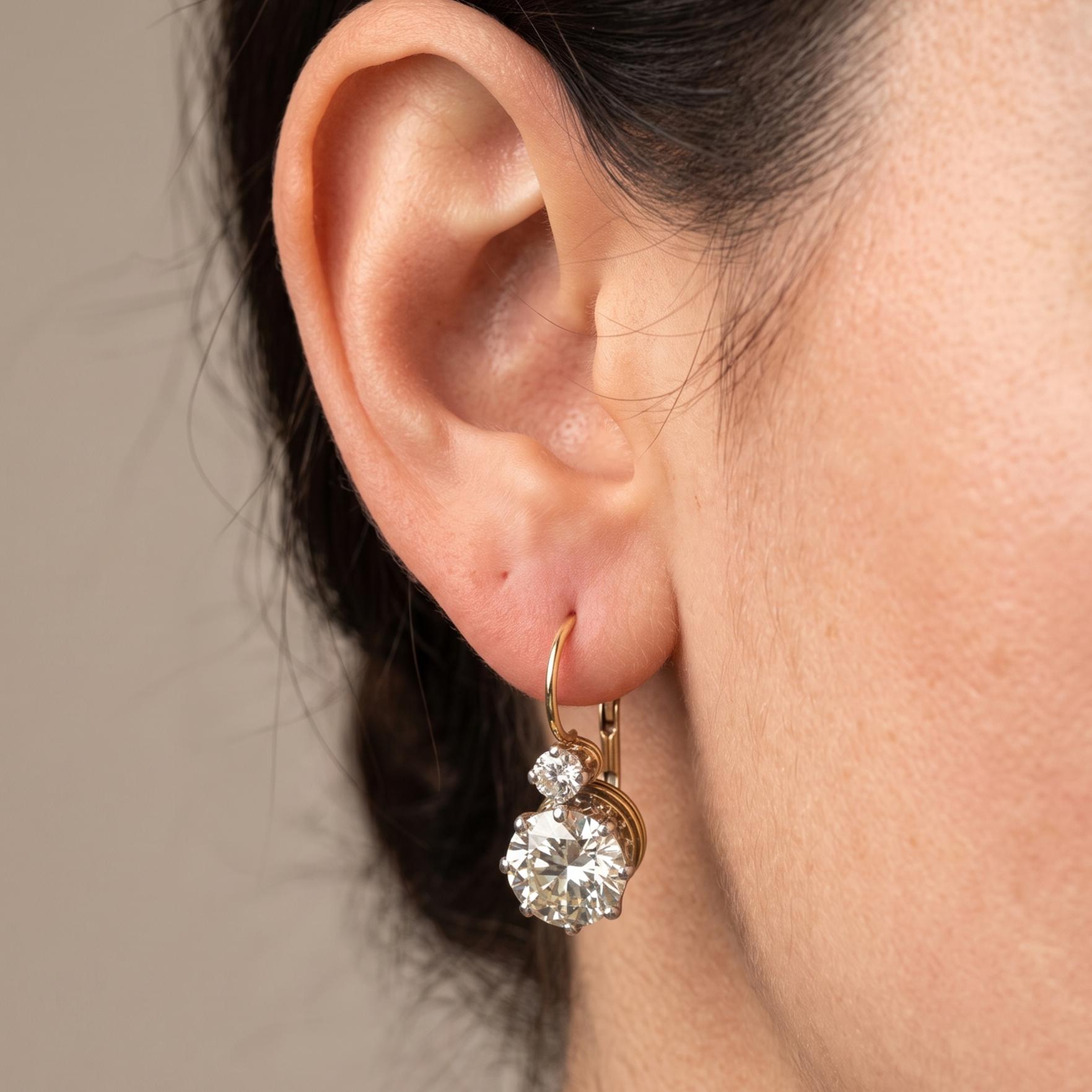 14K Gold Platinum Leverback Earrings 7.83ct Round & Old European Diamonds GIA