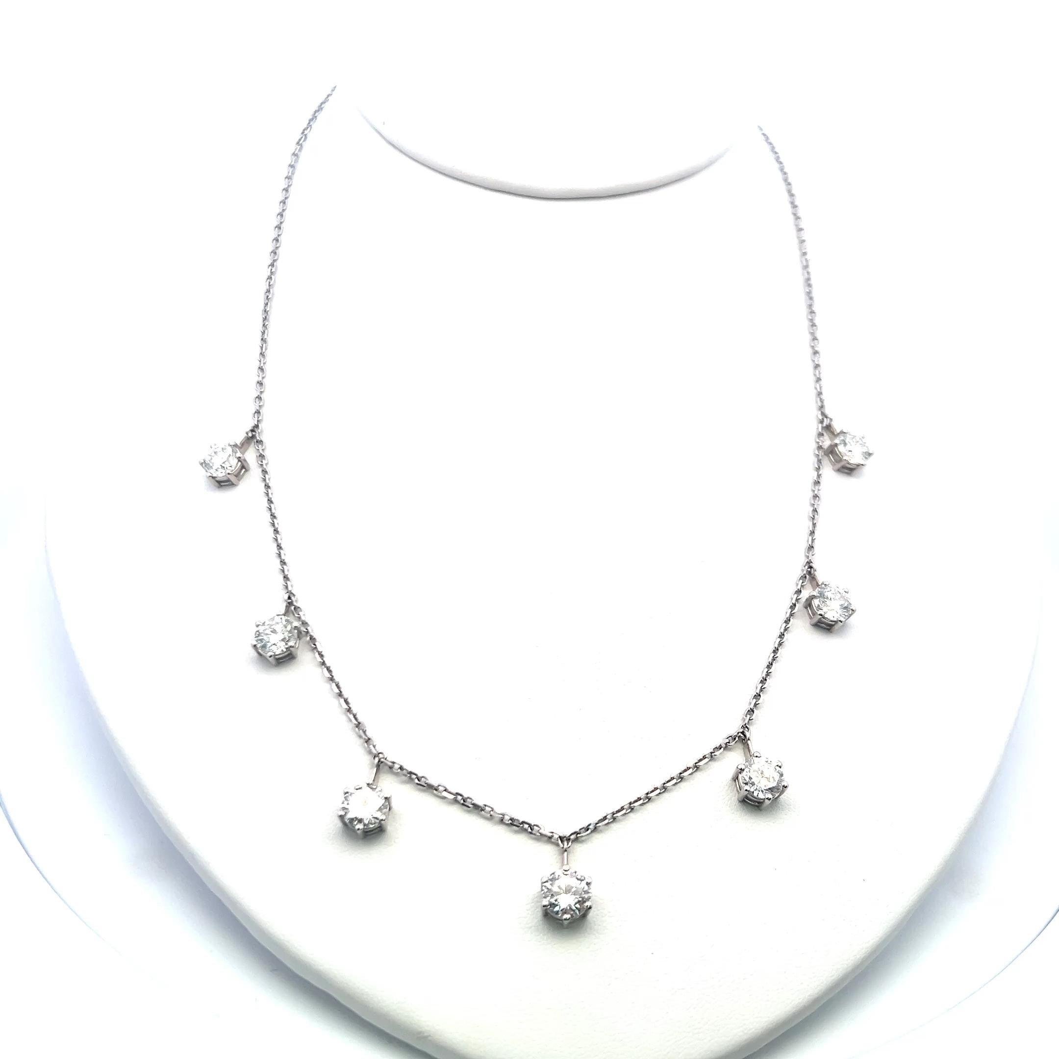 Vintage 14K White Gold Drop Necklace with 7.23 Carat Round Diamonds GIA E-H