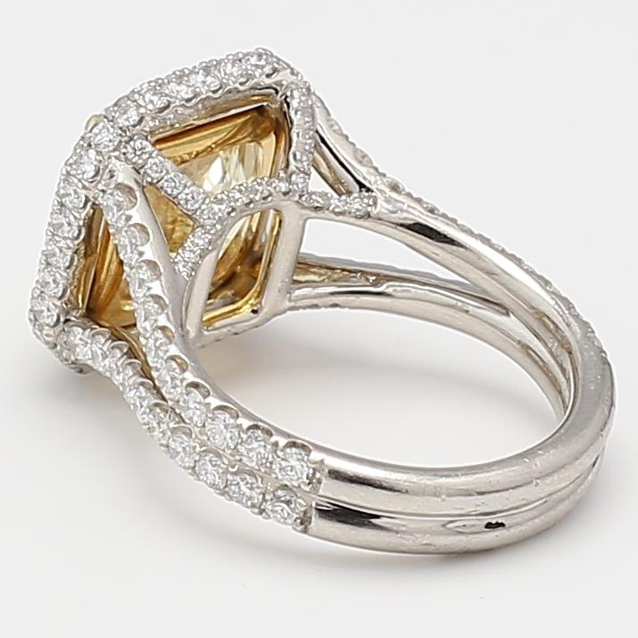 9.84 Carat Radiant Cut Fancy Yellow and Round Brilliant Diamond 18K GLD-PLT Ring