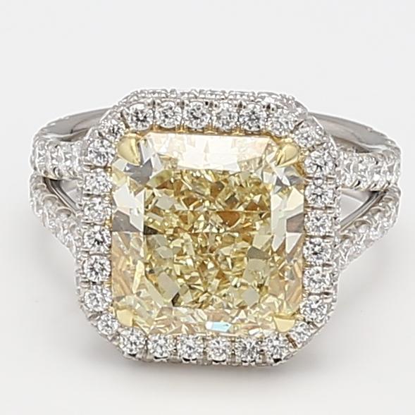 9.84 Carat Radiant Cut Fancy Yellow and Round Brilliant Diamond 18K GLD-PLT Ring