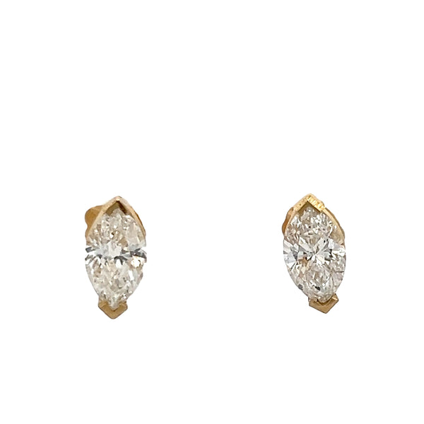 1.52 Carat Marquis Shape F SI2 Diamond 14 Karat Yellow Gold Stud Earrings