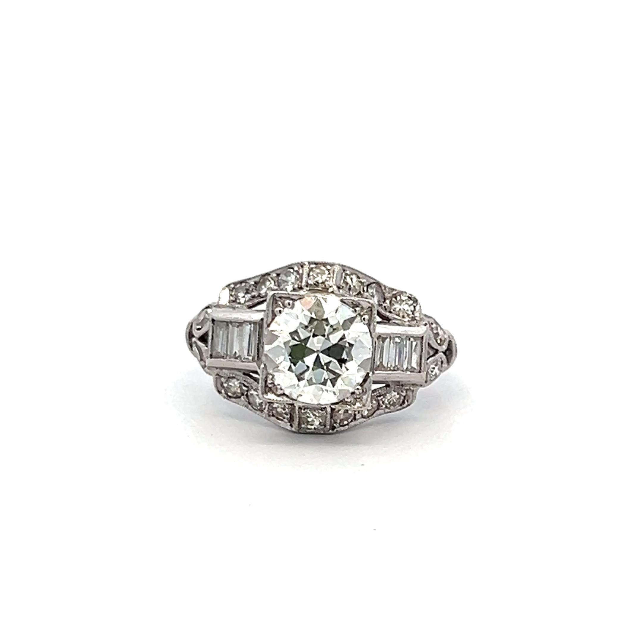 1.83 Carat Circular Brilliant and Baguette Shape Diamond Platinum Art-Deco Ring