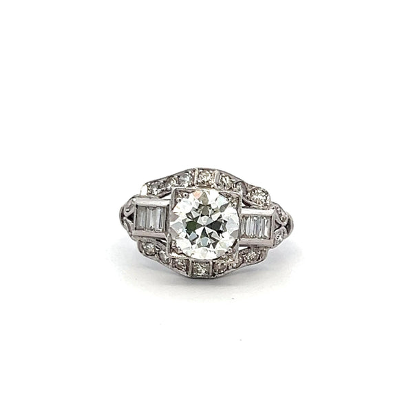 1.83 Carat Circular Brilliant and Baguette Shape Diamond Platinum Art-Deco Ring