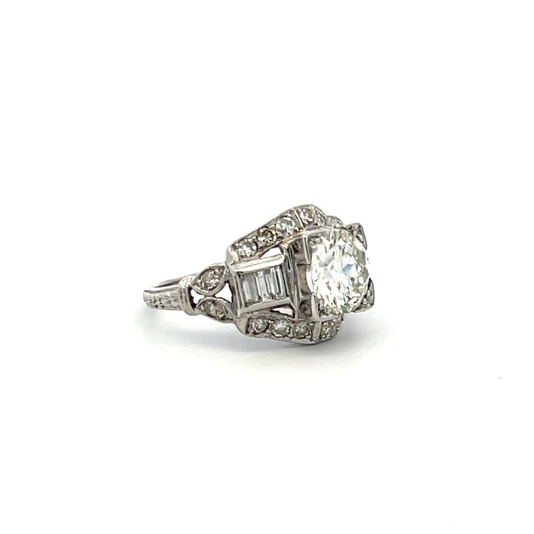 1.83 Carat Circular Brilliant and Baguette Shape Diamond Platinum Art-Deco Ring
