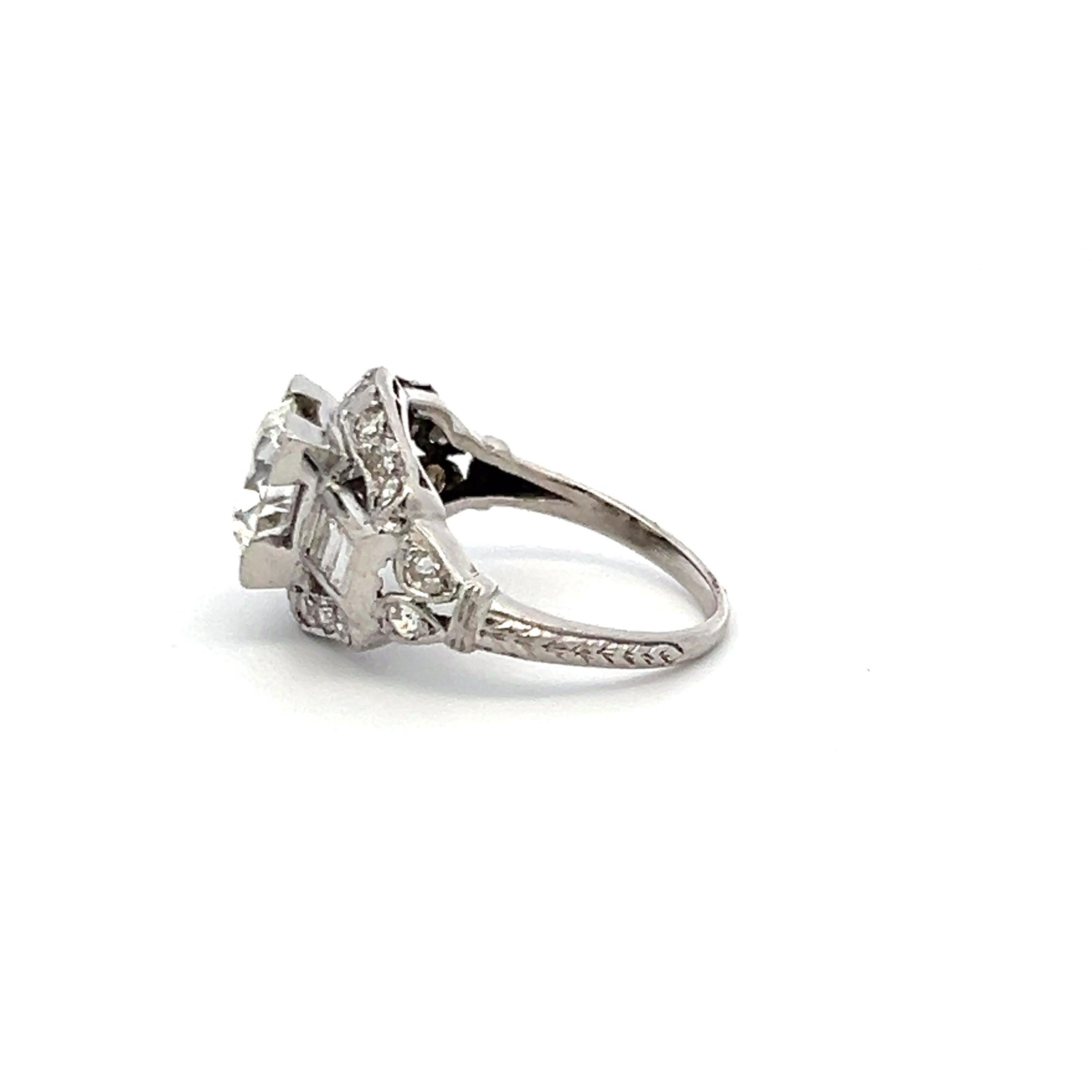 1.83 Carat Circular Brilliant and Baguette Shape Diamond Platinum Art-Deco Ring