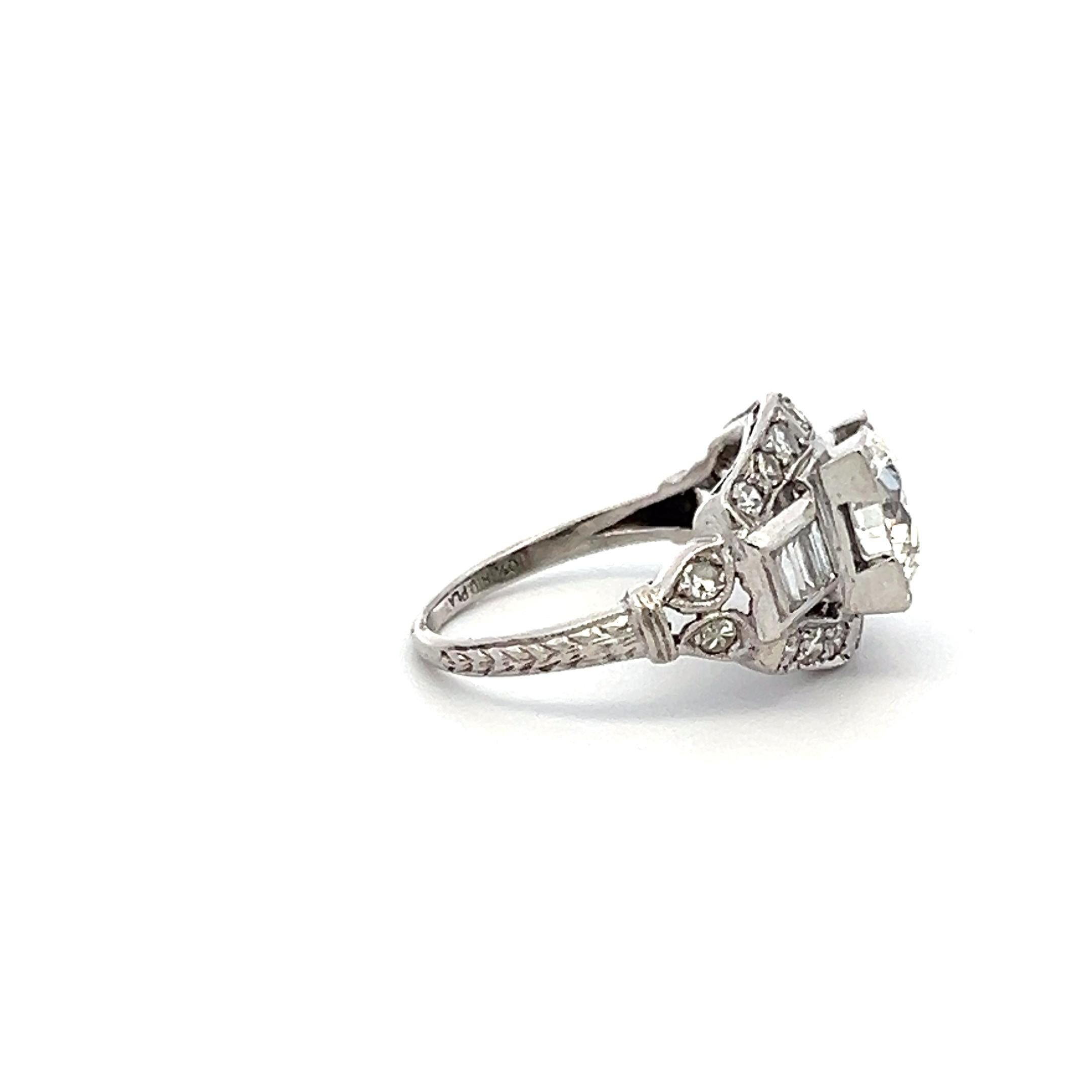 1.83 Carat Circular Brilliant and Baguette Shape Diamond Platinum Art-Deco Ring
