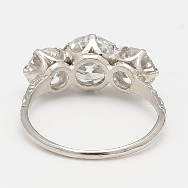 2.80 Carat Circular Brilliant Old European Cut Diamond Platinum Three-Stone Ring